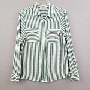 Seven 7 For All Mankind M‎ Button Front Shirt Green Blue Striped Roll Tab Sleeve